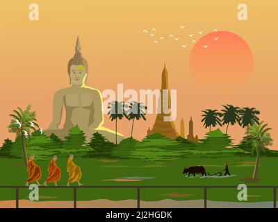 Morgenstimmung im ländlichen Thailand.drei Mönche machen Almosen .Bauern pflügen mit Büffel.Big Buddha und Pagode im Hintergrund Stock Vektor