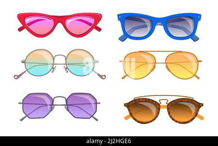 Trendige Retro Sonnenbrille Vektor Illustrationen Set. Kollektion von modischen Vintage-Sonnenbrillen in verschiedenen Farben und Formen isoliert auf weißem Hintergrund Stock Vektor