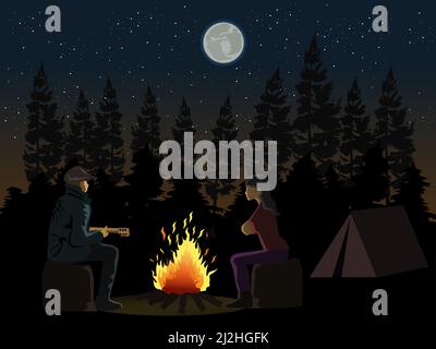 Mann, der vor einem Lagerfeuer vor der Frau Gitarre spielt, mit Schatten von Kiefernwald und Mond im Hintergrund. Stock Vektor