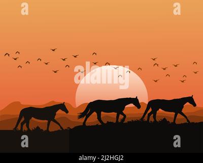 Die Silhouette einer Pferdeherde auf den Hügeln bei Sonnenuntergang hat Berge und orangefarbenen Himmel als Hintergrund Stock Vektor