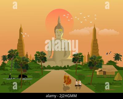 Ein buddhistischer Mönch geht auf einer Straße mit Männern und Frauen, die in der Anbetung sitzen. Bauern pflügen Felder mit Büffeln mit Pagoden und der Morgenhimmel Stock Vektor