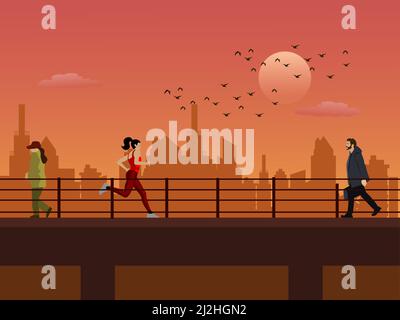 Menschen, die auf der Überführung mit Stadt und Sonnenuntergang im Hintergrund laufen Stock Vektor