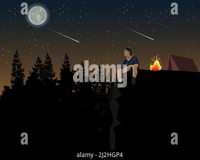 Ein Mann sitzt auf einer Klippe und schaut auf den Mond. Er campiert in einem Kiefernwald mit blauem Himmel und Sternen im Hintergrund. Stock Vektor