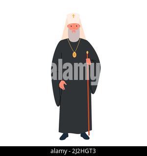 Orthodoxer Patriarch, christlicher Führer Charakter, Mann mit Bart, Priester traditionelle Robe Stock Vektor