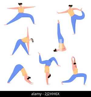 Frau tun Yoga Cartoon Vektor Illustration Set. Weibliche Figur macht Fitness, Dehnübungen, Pilates, Entspannung und Meditation. Sport, Gesundheit l Stock Vektor