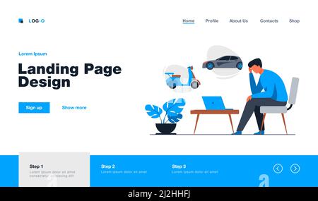 Mann, der sich für den Stadtverkehr entscheidet. Auto, Roller, Taxi, mit Laptop flache Vektor-Illustration. Transport, Miete, Teilen App Konzept für Banner, Website Stock Vektor