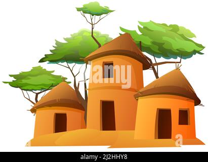 Afrika-Dorf. Ländliche Häuser aus Lehm und Stroh. Afrikanische Landschaft. Runde Gebäude. Akazienbäume. Isoliert auf weißem Hintergrund. Vektor. Stock Vektor