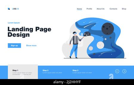 Mann mit VR-Headset im Raum isoliert flache Vektor-Illustration. Cartoon-Charakter Erforschung Galaxie und Welt in der virtuellen Realität. Bildung und Digital Stock Vektor