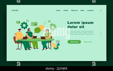 Cartoon Team Coworking Prozess flache Vektor Illustration. Menschen Figuren mit Laptops sitzen um den Tisch herum und plaudern. Prozess des Office-Workflows in Stock Vektor