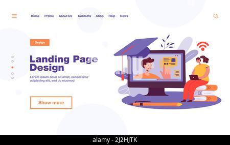 Fröhliche Frau, die im Internet studiert, sich ein Webinar am Computer ansieht, an einem Online-Kurs teilnimmt. Vektor-Illustration für Wissen, Bildung, Distanz lernen Stock Vektor