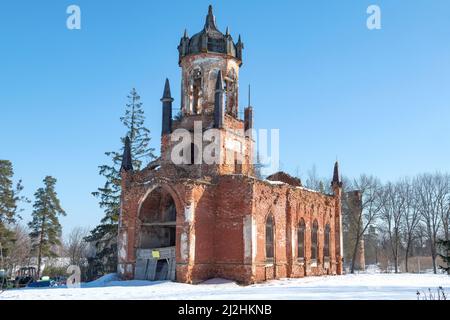 Die Ruinen der alten orthodoxen Kirche der lebensspendenden Dreifaltigkeit an einem sonnigen Märztag aus der Nähe. Andrianovo Dorf. Leningrad, Russland Stockfoto