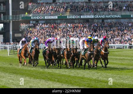 Aintree, Liverpool, Großbritannien, 6.. April 2019. 13:45 Grand National Meeting. Läufer und Reiter der Gaskells Handicap-Hürde (Klasse 3) (Klasse 1) (4YO plus). Stockfoto