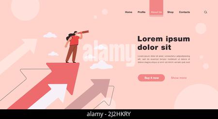 Kleine Frau steht auf Pfeil und auf der Suche nach Zukunftsplänen für Erfolg flache Vektor-Illustration. Cartoon positive weibliche Figur mit motivationalen i Stock Vektor