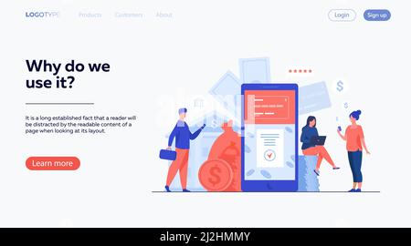 Menschen mit Smartphones über mobile Banking-App. Mann und Frau mit digitalen Geräten, die Online-Zahlungen leisten. Vektor-Illustration für Geld, Fintech, tr Stock Vektor