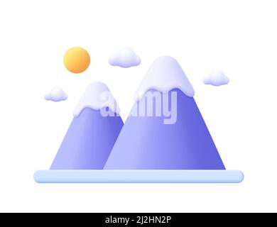 Landschaft mit Bergen, Sonne und Wolken. Umweltkonzept. 3D Vektorsymbol. Minimalistischer Cartoon-Stil. Stock Vektor