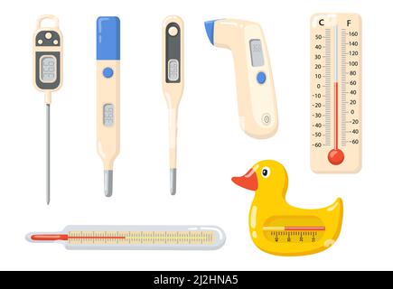 Verschiedene Thermometer flaches Einzelteil-Set. Cartoon medizinisches Werkzeug für Hochtemperaturmessung isoliert Vektor Illustration Sammlung. Messinstrumente Stock Vektor