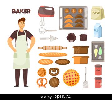 Bäcker und seine Ausrüstung für Kuchen, Brot und andere Lebensmittel Kochen. Männlicher Charakter in Schürze mit Mehl, Mixer und Backen Cartoon-Vektor-Illustration-Set. Stock Vektor