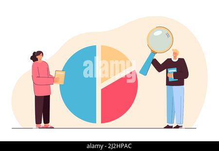 Geschäftsleute analysieren Tortendiagramm-Statistiken. Büroangestellte halten Lupe flache Vektor-Illustration. Finanz-, Wirtschafts-, Marketing-Konzept f Stock Vektor