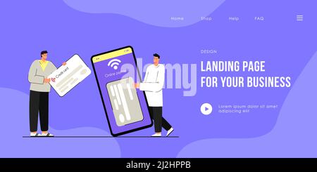 Cartoon Männer mit Kreditkarte und Telefon flache Vektor-Illustration. Kleine männliche Menschen stehen und kaufen mit mobilen Zahlungen. Online-Zahlung, t Stock Vektor