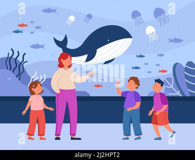 Cartoon-Mutter und Kinder, die Meerestiere im Aquarium betrachten. Frau und Kinder im Unterwasser-Zoo flache Vektor-Illustration. Familie, Meeresfauna konz Stock Vektor
