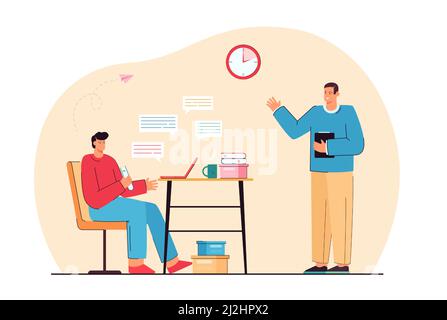 Der Chef des Unternehmens gibt den Mitarbeitern, die sehr beschäftigt sind, Aufgaben. Illustration für flache Vektorgrafiken von Vorgesetzten und Mitarbeitern. Effektives Managementkonzept Stock Vektor
