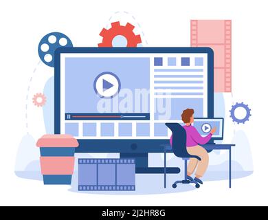 Content Creator bearbeitet Videomaterial im Studio. Herausgeber, der virale Videos in sozialen Medien veröffentlicht, Multimedia-Produktion flache Vektor-Illustration. Bewegung Stock Vektor