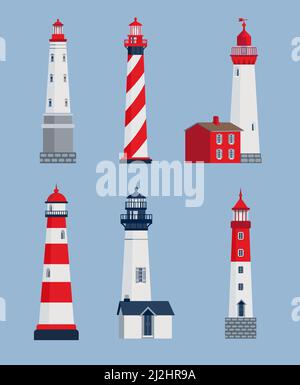 Verschiedene Leuchttürme Vektor-Illustrationen gesetzt. Sammlung von Cartoon-Zeichnungen von Türmen am Meer, nautische Leuchttürme isoliert auf blauem Hintergrund. Archit Stock Vektor