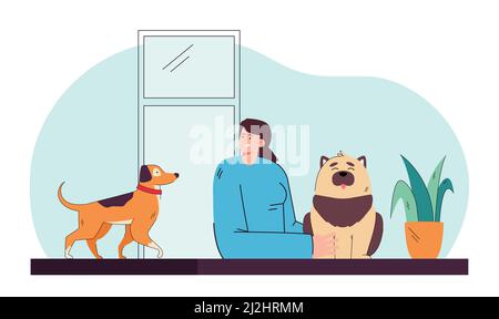 Weibliche Figur patting Hund zu Hause. Frau verbringt Zeit mit ihren Haustieren flache Vektor-Illustration. Tierpflege, Lebensstil, Freundschaft, tägliche Routine conce Stock Vektor