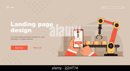 Hände halten Smartphone mit Steuerung App. Flache Vektorgrafik. Drahtlose Kommunikation mit Roboterhänden, die im Werk arbeiten. Technik, Techno Stock Vektor