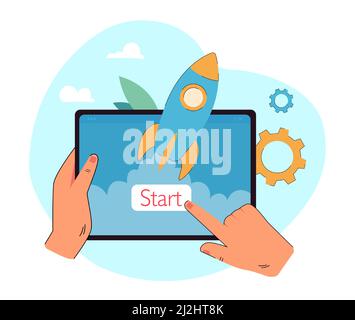 Hände halten das Tablet mit Zeigefinger, der auf die Starttaste klickt. Flache Vektordarstellung für die Einführung neuer Anwendungen. Interface, Technologie, Startup-Konzept fo Stock Vektor