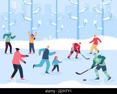 Eisbahn mit Schlittschuhlaufen und Hockeyspielen. Erwachsene und Kinder haben Spaß im Winter flache Vektor-Illustration. Sport, Familie, Winter, Outdoor AC Stock Vektor