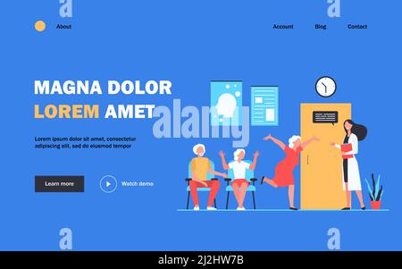 Glückliche ältere Leute grüßen den Arzt. Arzt, Großmutter, Krankenhaus flache Vektor-Illustration. Medizin und Altersvorsorge Konzept für Banner, Website de Stock Vektor