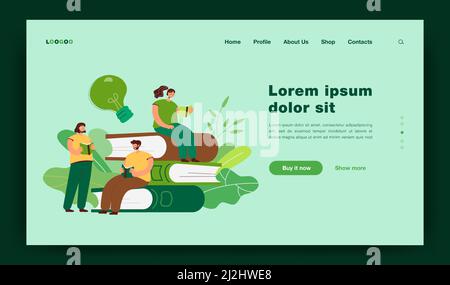 Glückliche kleine Studenten lesen Bücher flache Vektor-Illustration. Cartoon Bücherwurm Menschen sitzen oder stehen in der Nähe von großen Stapel von Büchern. Bibliothek und Bildung Stock Vektor