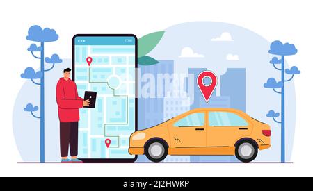 Mann verfolgt Taxi Fahrer Kabine auf Tablet-Karte. Kerl mit Gerät für die Position des Autos mit GPS-System-App. Männlich überprüft Navigation auf Smartphone Taxi buchen Stock Vektor