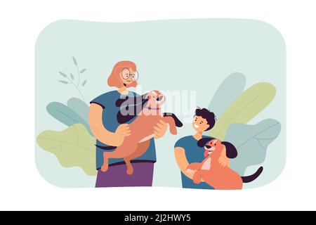 Mutter und Sohn halten niedliche Hunde. Eltern und Kinder verbringen Zeit mit Haustieren, patchen sie und spielen flache Vektor-Illustration. Haustierpflege, Familie concep Stock Vektor