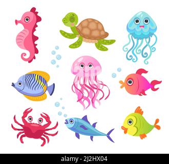 Vektor-Illustrationen-Set für Ozean- oder Meereskreatur-Figuren. Nette lustige Unterwasser-Tiere, Fische, Krabben, Schildkröte, Quallen, seepferd für Kinder isolieren Stock Vektor