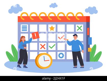 Büromitarbeiter mit einem riesigen Zeitplan für die Kalenderplanung für einen Monat. Geschäftsleute, die Online-Dienste für die Arbeit flache Vektordarstellung. Zeitmanager Stock Vektor