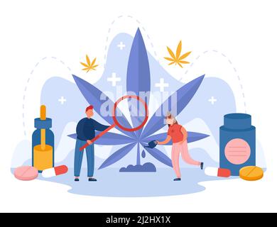Menschen untersuchen und kümmern sich um Hanf, der ihn mit Wasser und Nahrung versorgt. Darstellung des flachen Vektorgrafiken von Cannabis. Die Produktion von Unkraut, die Vorteile seiner ta Stock Vektor
