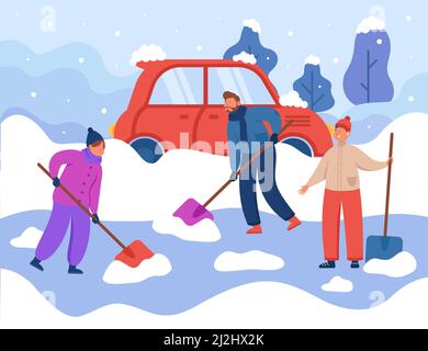 Menschen, die nach dem Wintersturm die mit Schnee bedeckte Straße säubern. Personen, die mit Schaufeln, Entfernen von Eis für das Fahren Automobil flache Vektor-Illustration. Stock Vektor