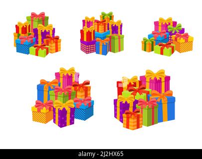Stapel von niedlichen Geschenkboxen Vektor-Illustrationen Set. Viele eingewickelte Geschenke mit Bändern für Überraschungsparty isoliert auf weißem Hintergrund. Feier, Stock Vektor