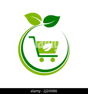 Warenkorb mit einem Blatt im Kreis. Bio-Shop-Ikone. Gesundes Lebensmittelkonzept. Umweltfreundliches Geschäft. Vegetarische oder vegane Ernährung. Vektor Stock Vektor