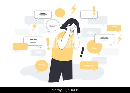Traurige junge Frau, umgeben von Sprechblasen, die die Ohren mit den Händen bedecken, um Informationsgeräusche zu stoppen. Soziale Medien erzählen Nachrichten voller Schwindel flachen Vektor il Stock Vektor