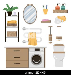 Set von Möbelelementen für Bad und Toilette. Vektorgrafiken von Hygienegeräten und -Objekten. Cartoon Spiegel Lampe Bidet Waschmaschine ist Stock Vektor