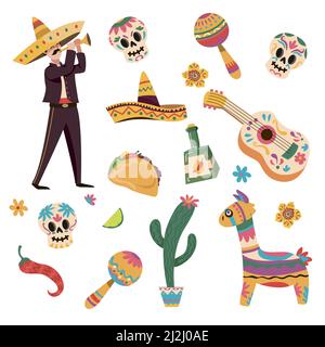 Cartoon Vektor Illustration Satz von traditionellen mexikanischen Symbole für verschiedene Designs. Taco, Sombrero, Kaktus, Gitarre, Maracas, lama, Pfeffer, Skelett st Stock Vektor