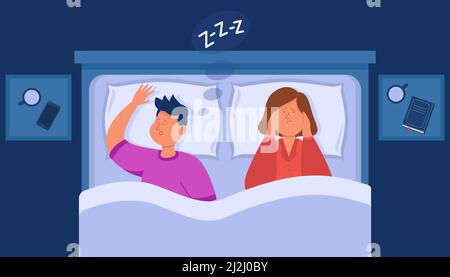 Cartoon Frau mit Problemen schlafen, weil der schnarchen Ehemann. Paar im Bett in der Nacht, Person traurig wegen Lärm flache Vektor-Illustration. Schlafdiso Stock Vektor