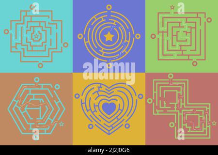 Buntes Labyrinth aus verschiedenen Formen Cartoon Illustration Set. Herz, Quadrat, oval und rund Labyrinth, Puzzle oder Rätsel für die Suche nach rechts Weg, Ausfahrt oder d Stock Vektor