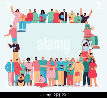 Eine Menge verschiedener Menschen, die um ein leeres Banner herum zusammenstehen. Gemeinschaft von multikulturellen Menschen mit verschiedenen sozialen Status flache Vektor illustraa Stock Vektor