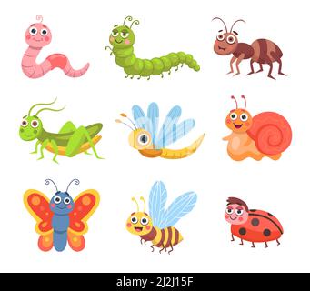 Niedliche Cartoon Insekten Set. Vektor-Illustrationen von Wald- oder Gartentieren, lustige Bug-Charaktere. Comic Ameise Marienkäfer Schnecke Heuschrecke Libelle Biene BU Stock Vektor