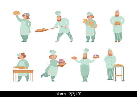 Nette männliche und weibliche Bäcker in Uniform Cartoon Illustration Set. Mann und Frau kochen Kuchen, Rollen Brotteig, Herstellung Rezept für Bäckerei. Koch c Stock Vektor