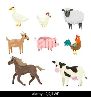 Verschiedene Bauernhof Tier Cartoon Figuren Vektor Illustration Set. Niedlich hen, Pferd, Schaf, Kuh, Schwein, Ziege, Gans, Hahn Clipart isoliert auf weißem Bac Stock Vektor